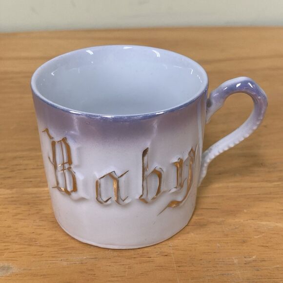 Antique Leuchtenburg Porcelain Blue Baby with Gold Letters Cup Made in Germany - Picture 1 of 14